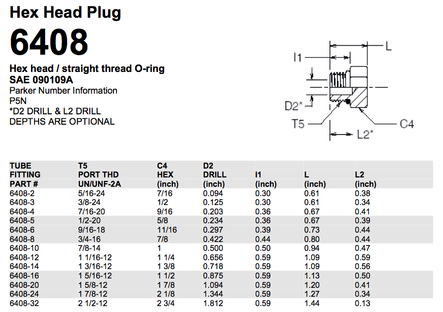 6408 Hex Head Straight Thread O ring SAE 090109A Hex Head Plug Sae